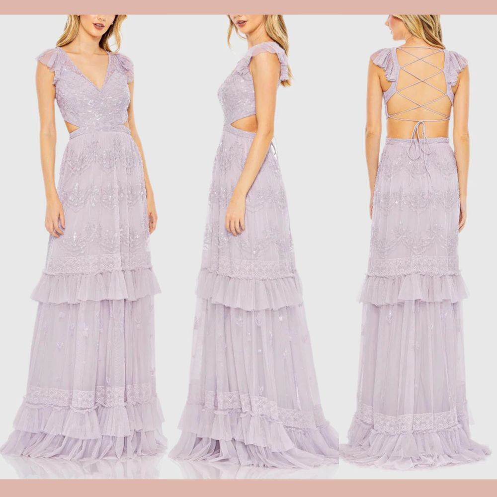 NWT MAC DUGGAL [ 14 ] 9167 Sequined Ruffled Cap Sleeve Cut Out Tiered Gown Lilac - Picture 2 of 6